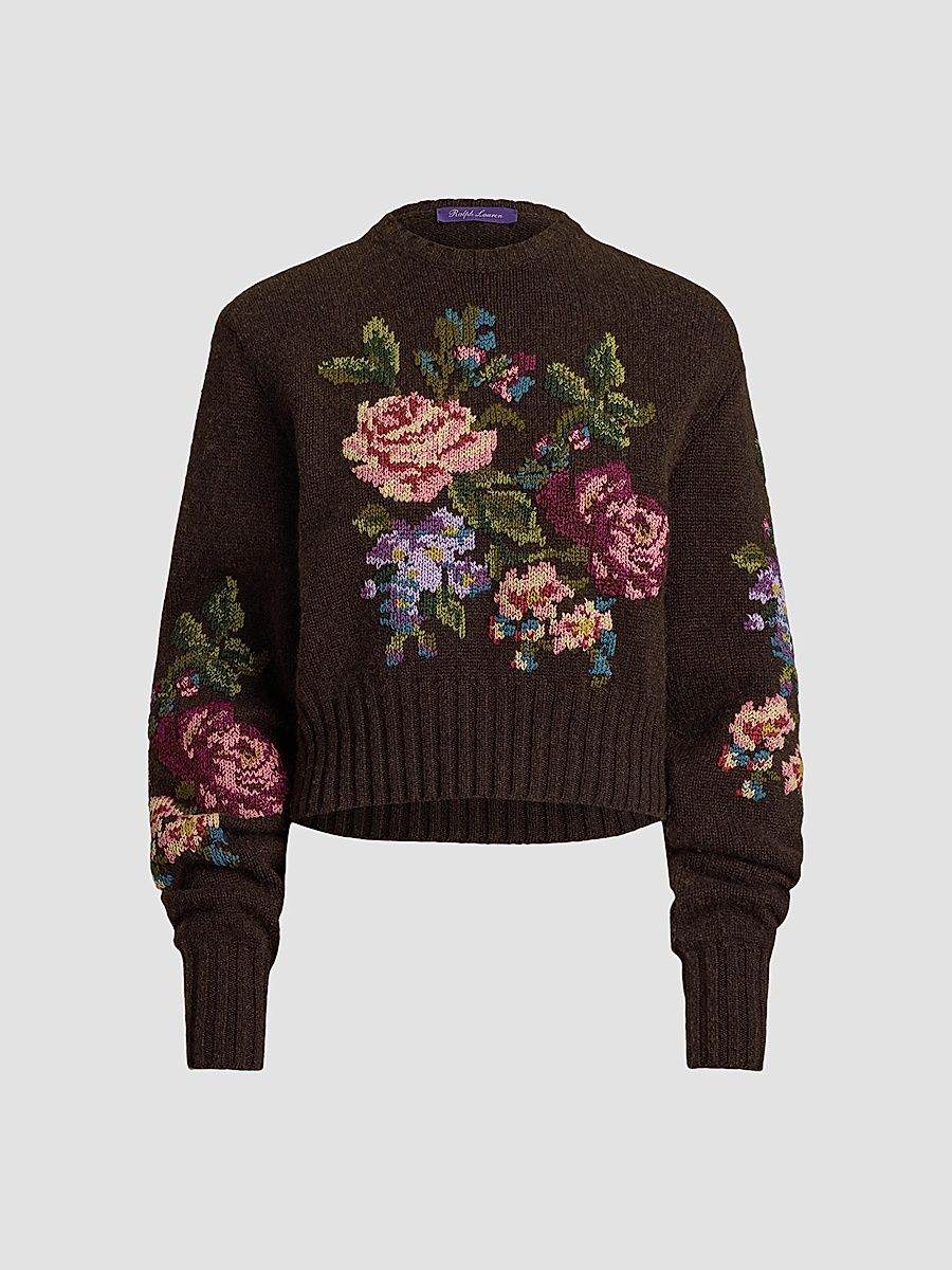 Women's Floral-Embroidered Cashmere Crewneck Sweater - Chocolate - Size Medium