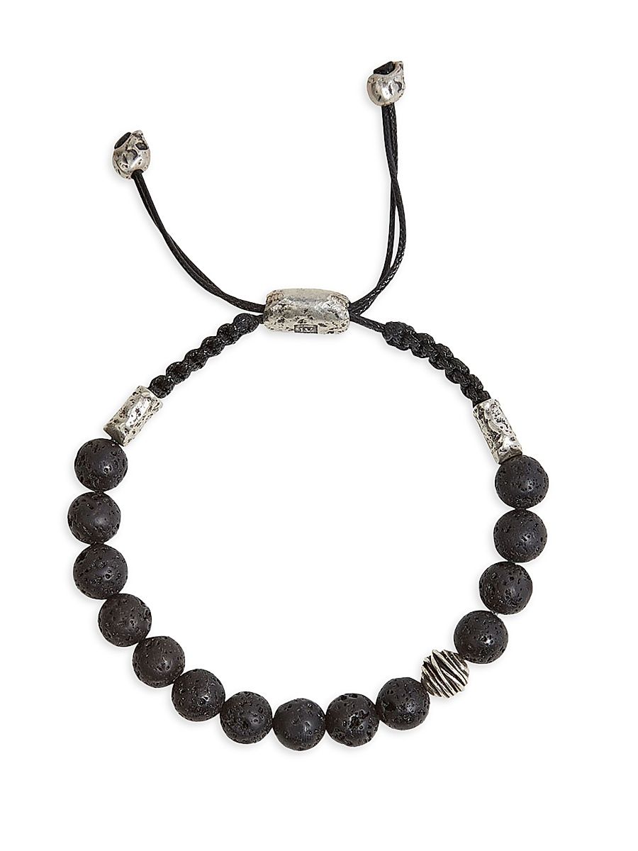 Men's Wrap Lava Rock & Sterling Silver Skull Slider Bracelet - Silver