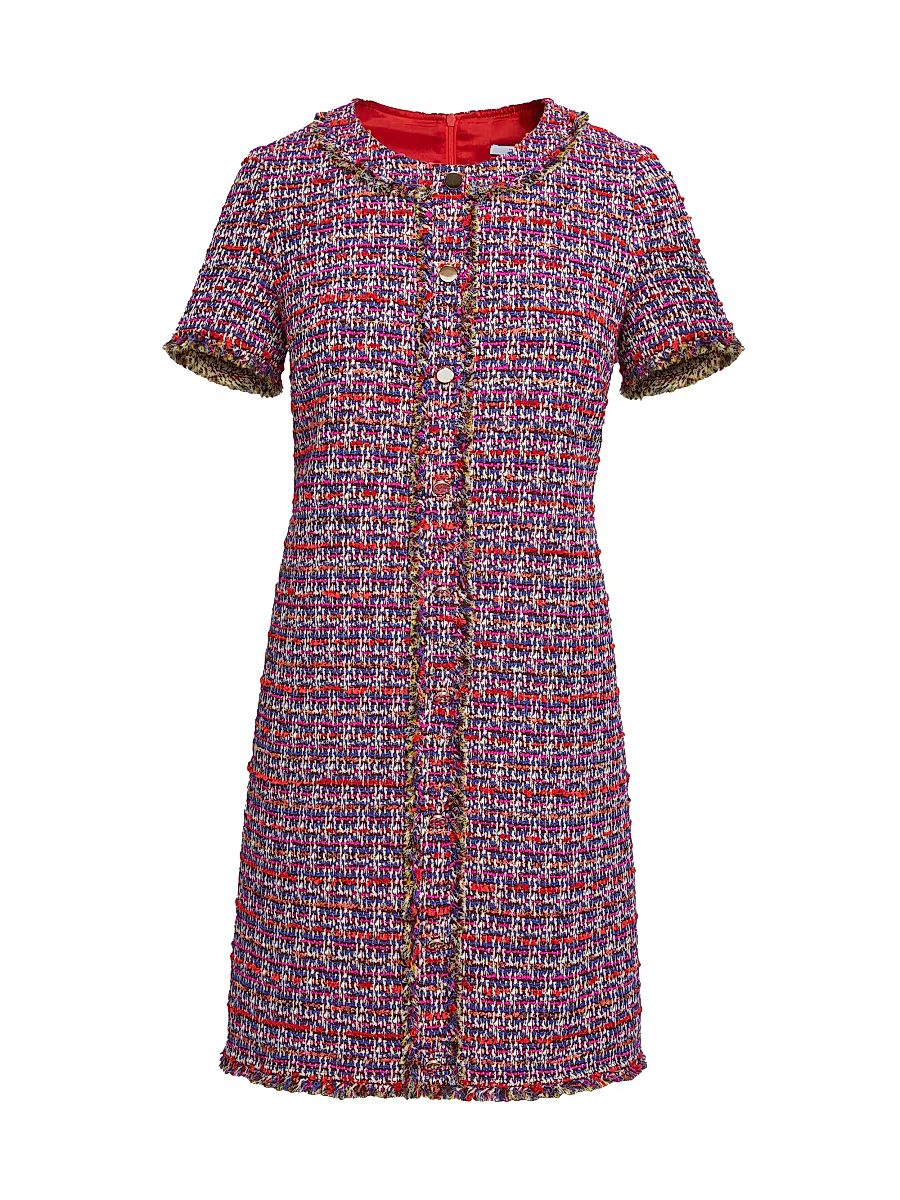Women's Button-Front Tweed Short-Sleeve Minidress - Magenta Multi - Size 10