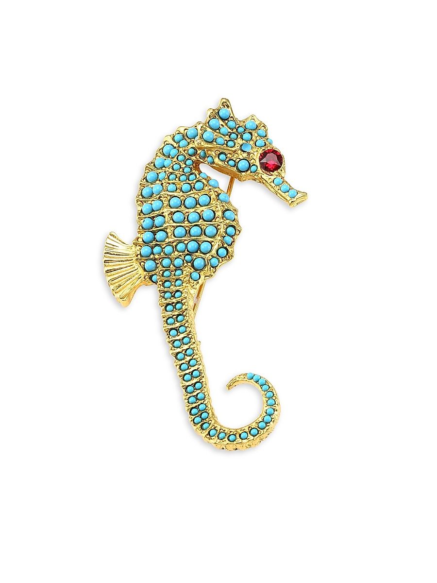 Ruby Embellished Seahorse Pin - Gold