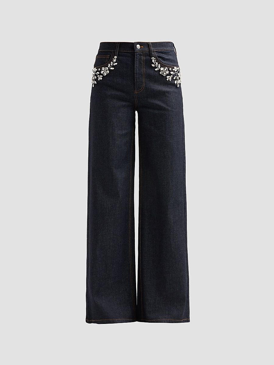 Women's Elena Embellished Wide-Leg Jeans - Dark Ink - Size 32