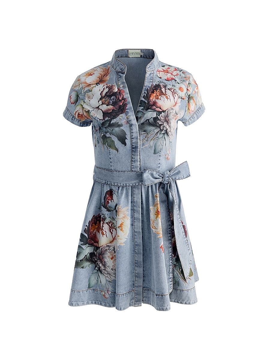 Women's Lucy Floral Cotton Denim A-Line Mini-Shirtdress - Sierra Vintage Multi - Size 0