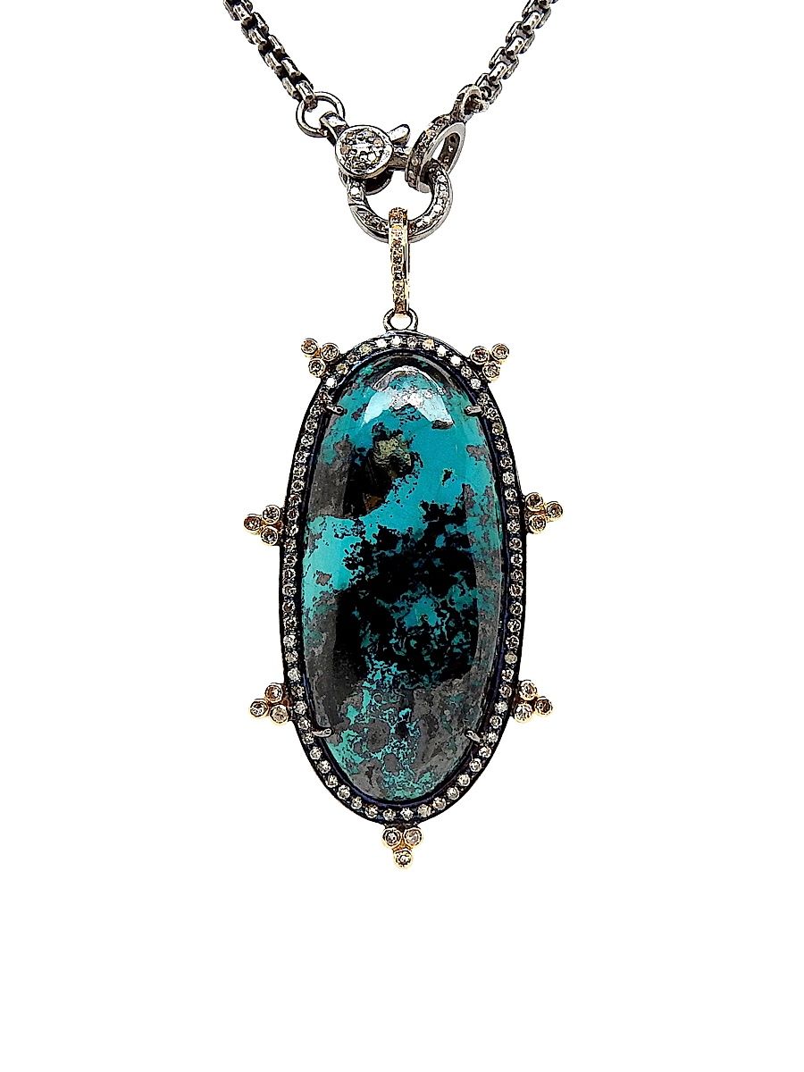 Women's 14K Yellow Gold & Black Rhodium Silver Diamond Turquoise Necklace - Turquoise