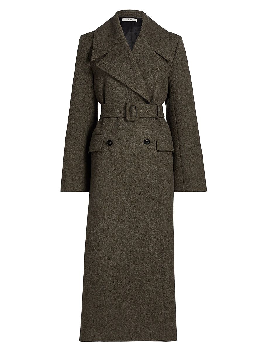 Women's Wool Belted Double-Breasted Peacoat - Green Melange - Size Large