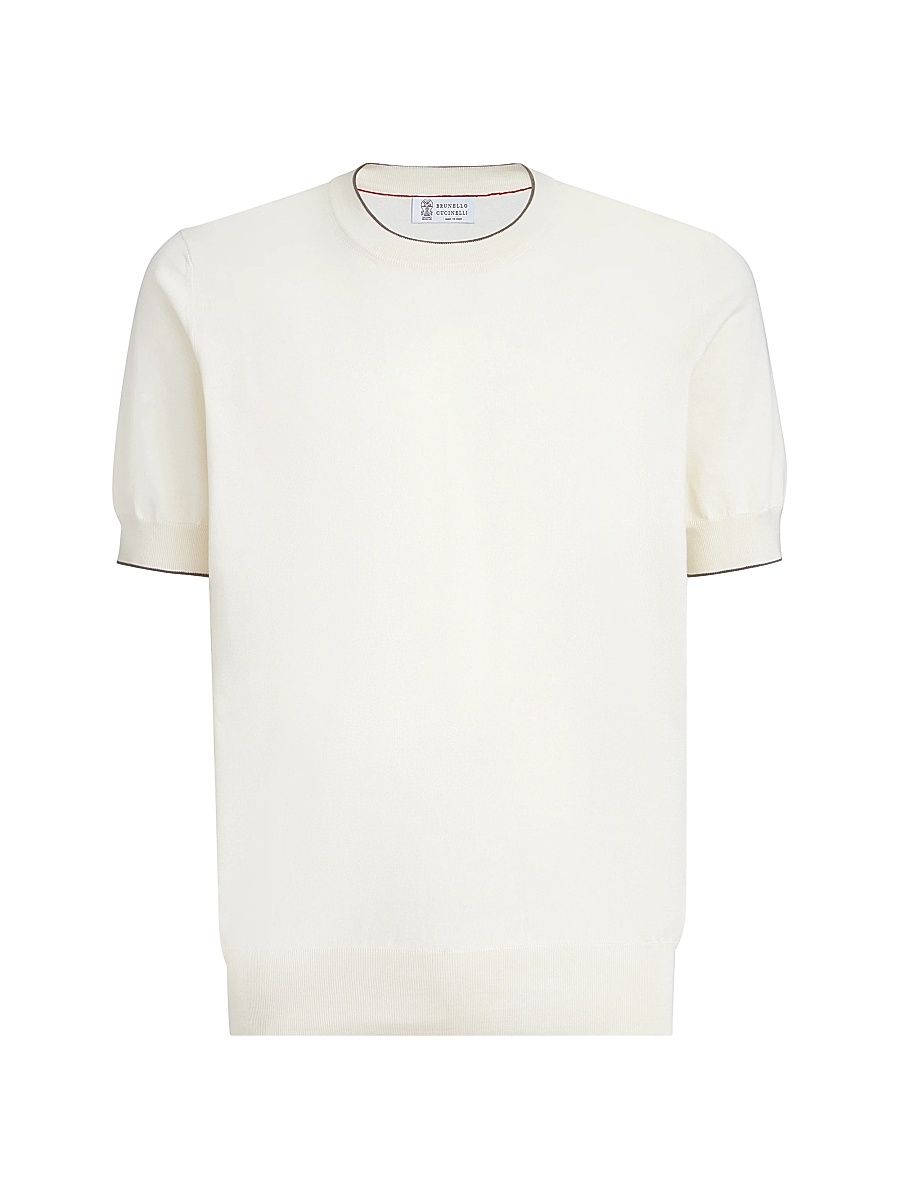 Men's Cotton Lightweight Knit T-Shirt with Contrast Details - Ivory - Size 32
