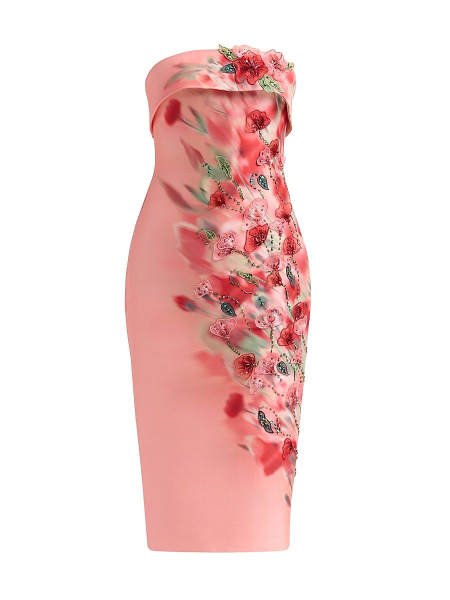 Women's Floral-Embroidred Embellished Mikado Cocktail Midi-Dress - Pink Multi - Size 16