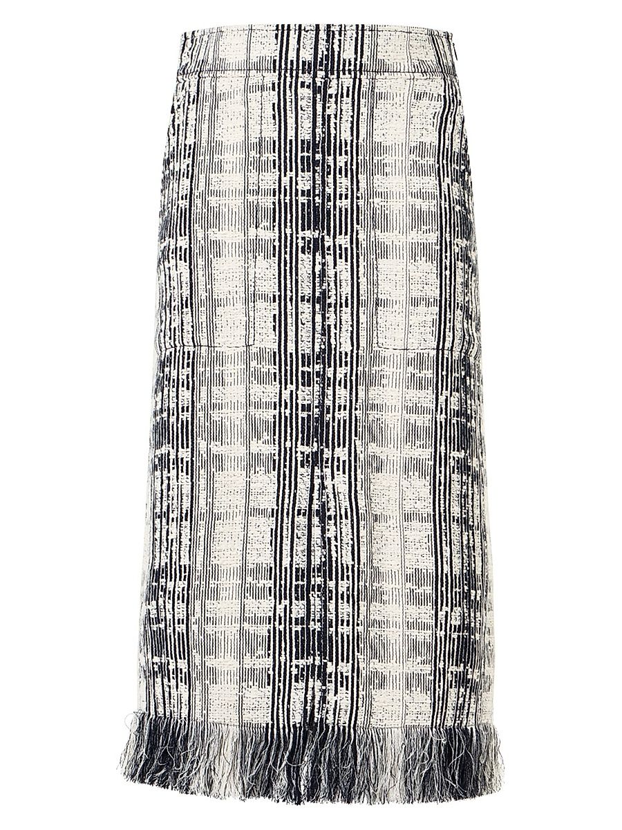 Women's Stripe Raw Cotton Tweed Midi-Skirt - Black Ivory - Size 16