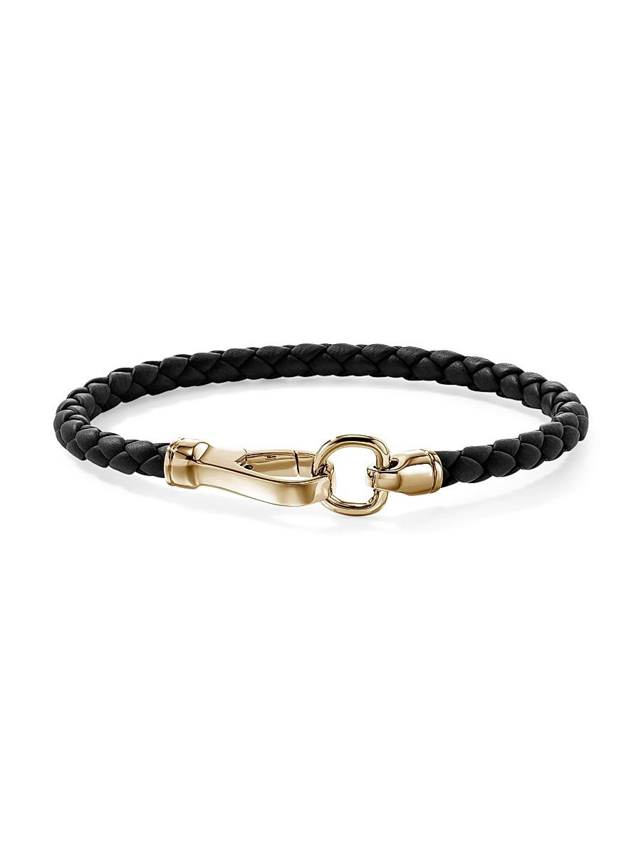 Men's 14K Yellow Gold & Leather Bracelet - Gold - Size Large