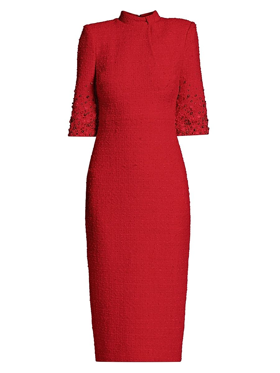 Women's Bouclé Embellished-Sleeve Midi-Dress - Red - Size 2
