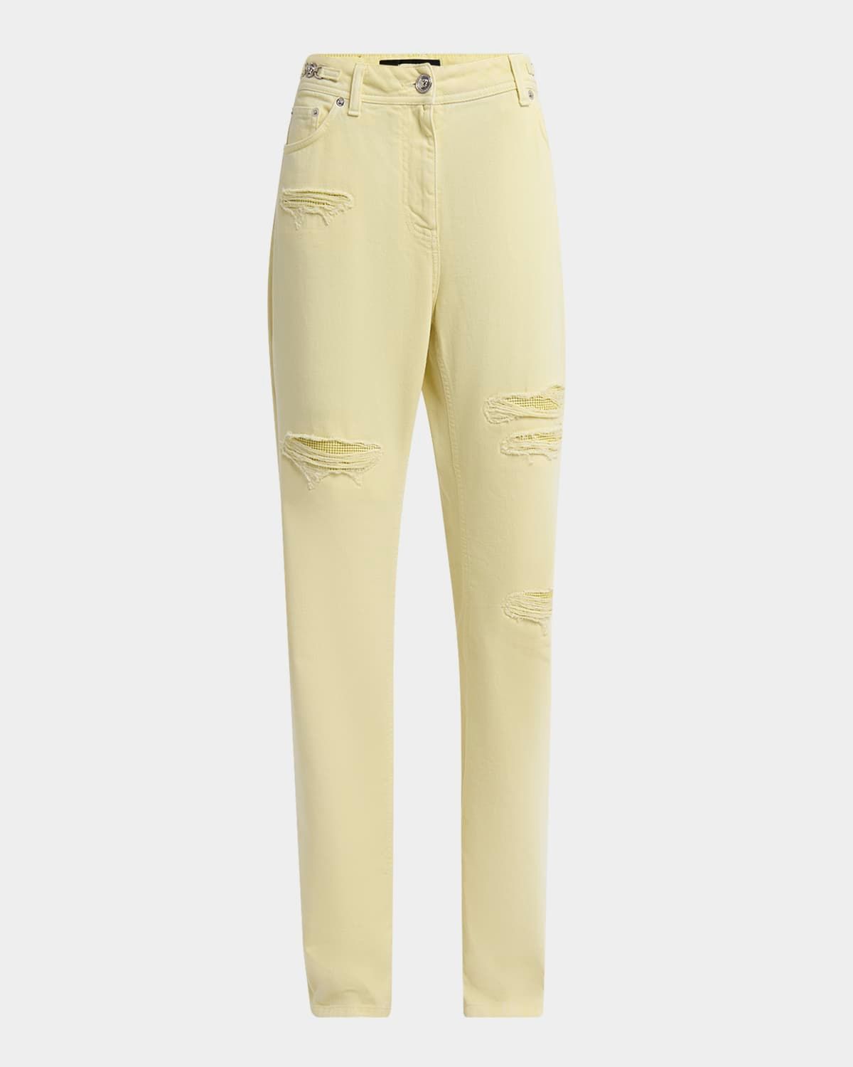 Chainmail Inset Distressed Pastel Denim Straight-Leg Pants