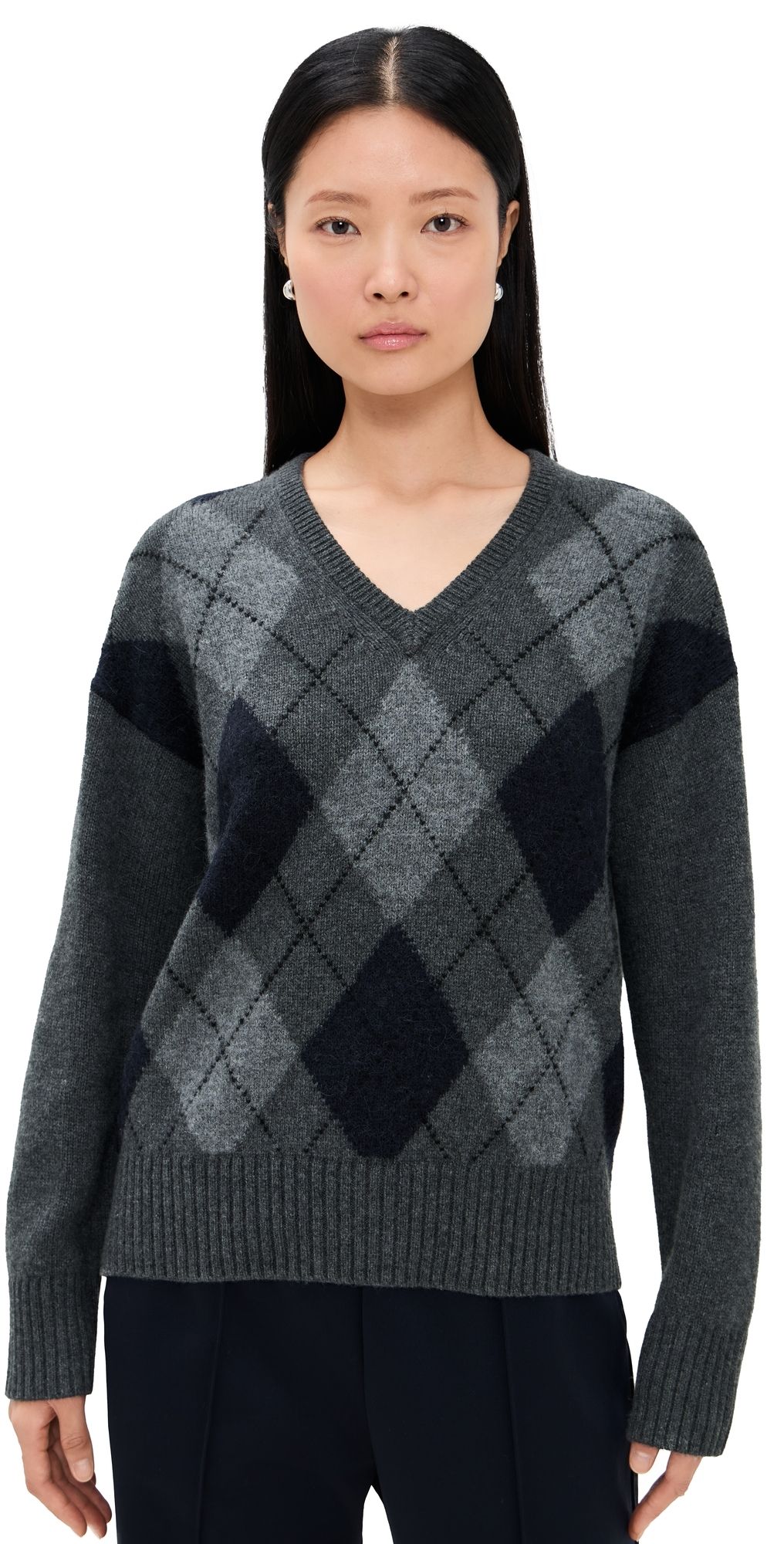 Alex Mill Yasmine V-Neck Sweater In Wool Cotton Blend Storm Grey Multi XS