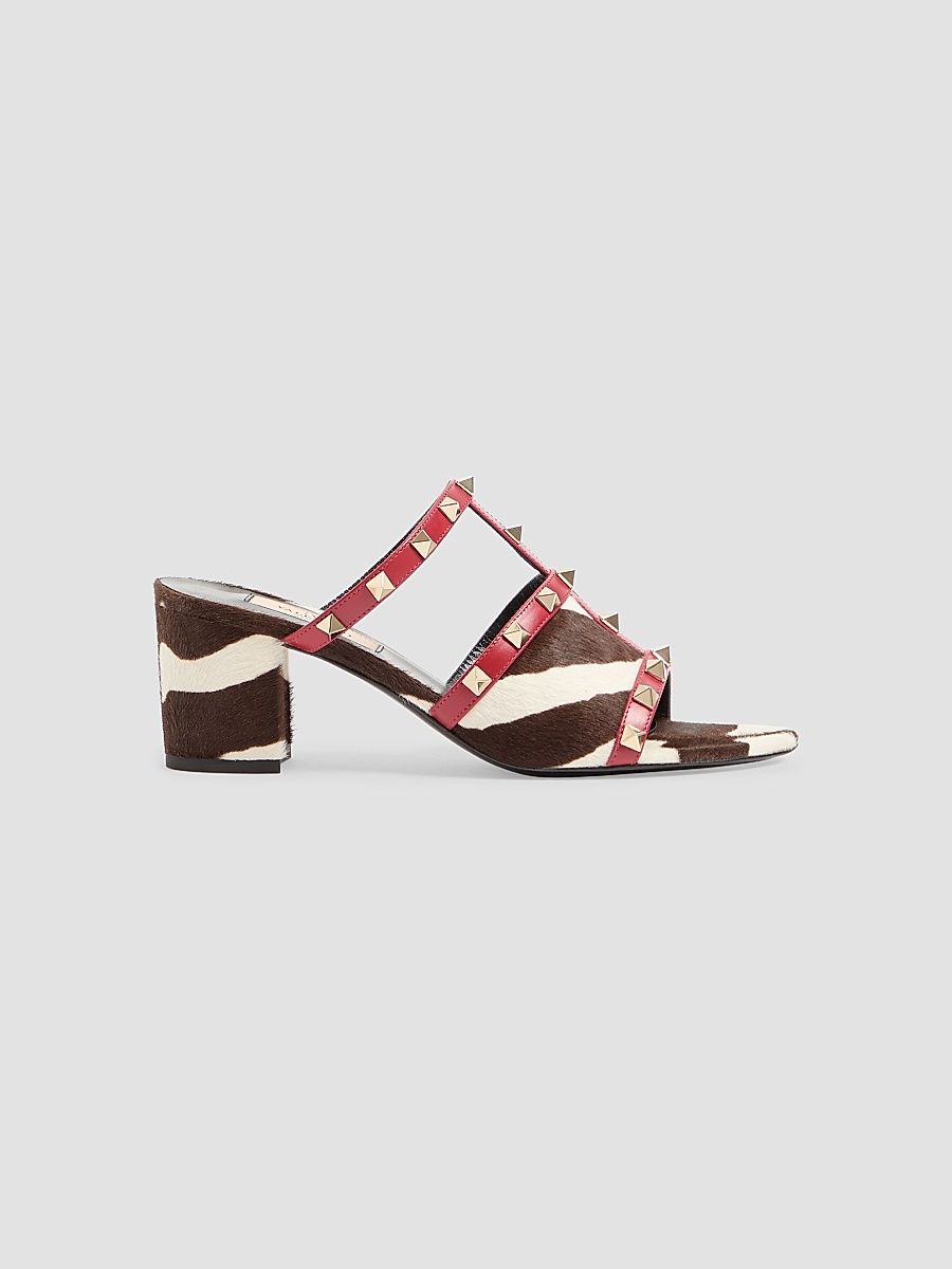 Women's Rockstud Slide 60MM Sandal in Pony Effect Calfskin - White Red - Size 9