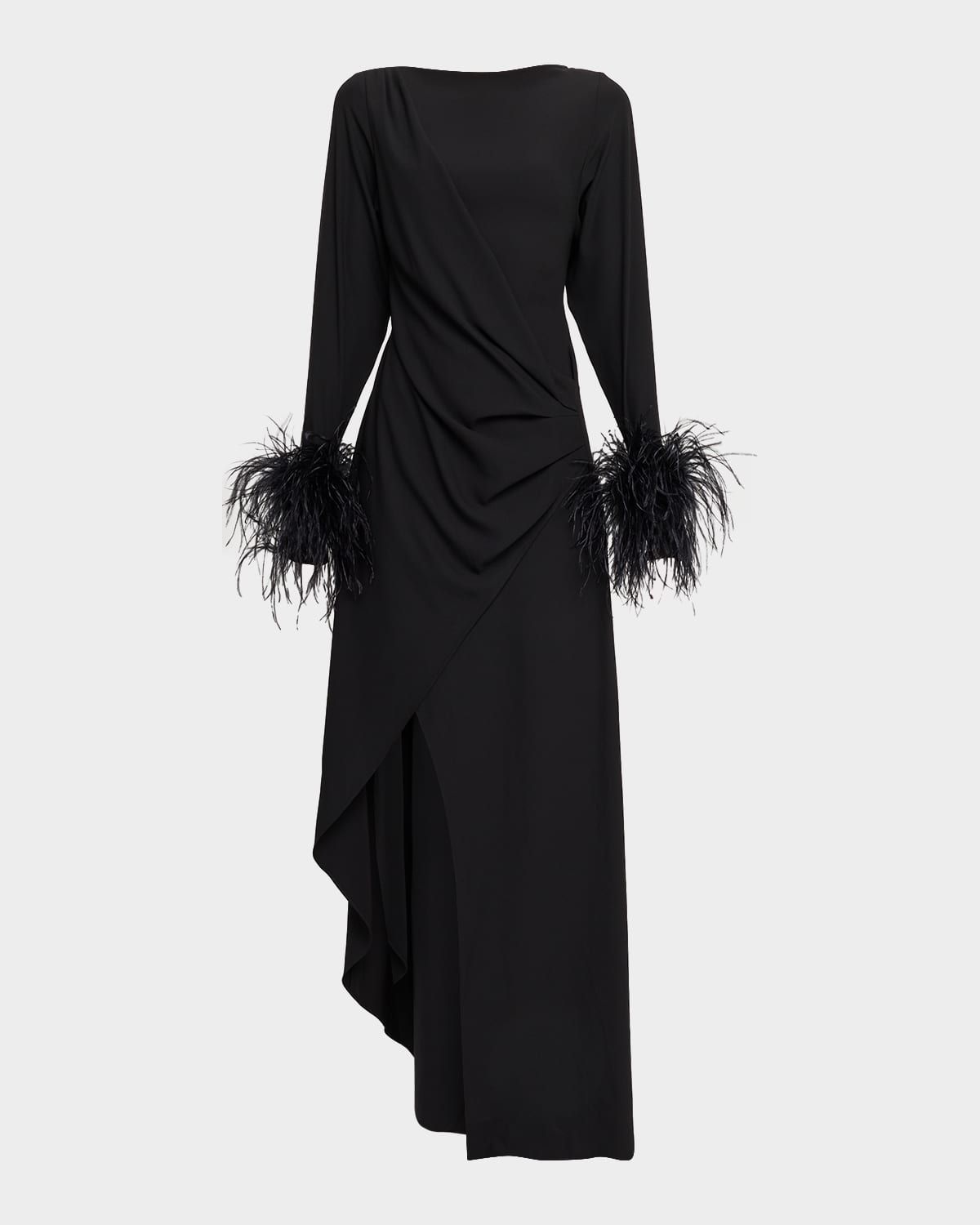 Asymmetric Draped Stretch Crepe Maxi Dress With Feather Cuffs