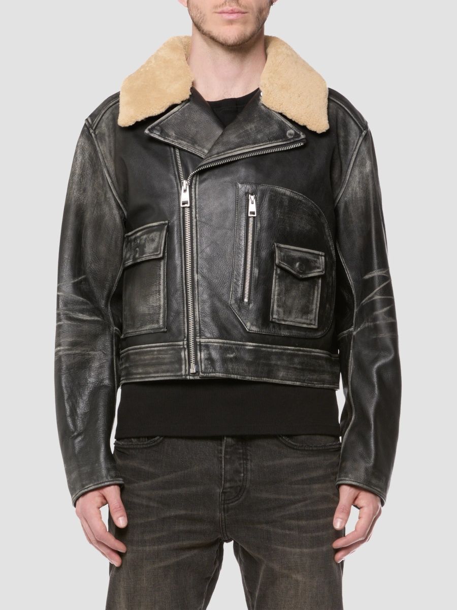 Purple Brand Men's Faux-Shearling Collar Leather Moto Jacket - Black - Size XXL