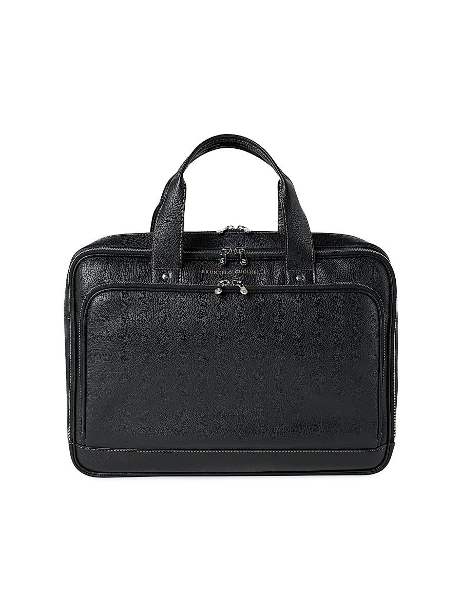 Men's Grained Calfskin Briefcase with Zipper - Black
