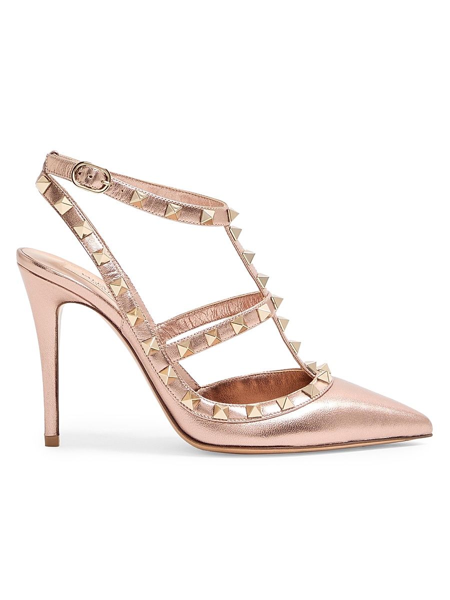 Women's Rockstud 100MM Pumps in Laminated Nappa Leather - Rose Cannelle - Size 11.5