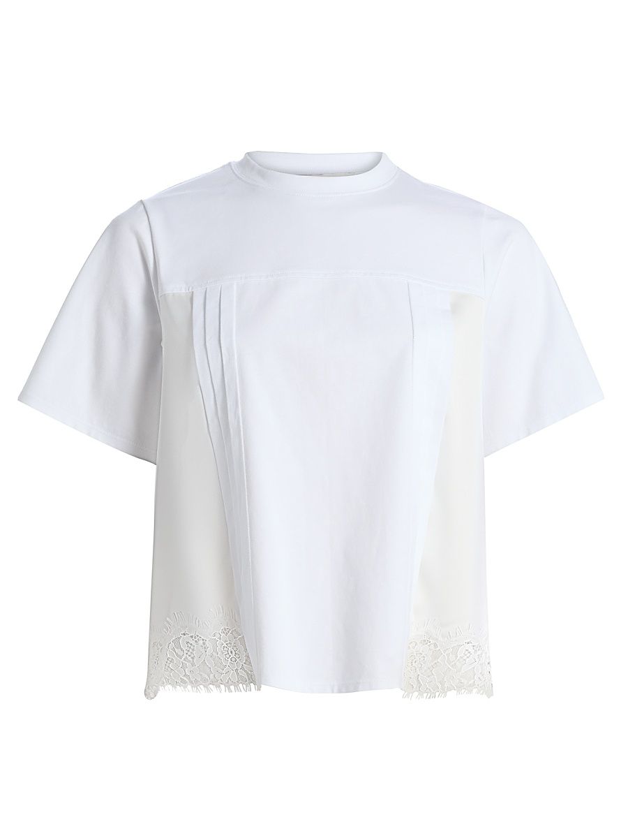 Women's Satin & Lace Mixed-Media T-Shirt - White - Size Large