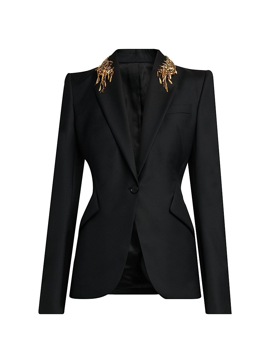 Women's Leaves Embellished-Wool Blazer - Black - Size 6