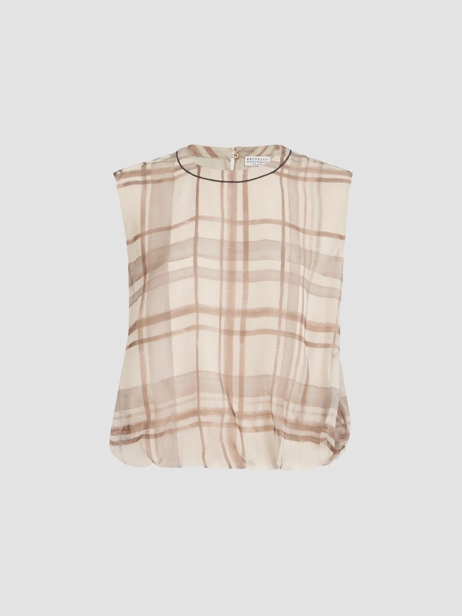 Brunello Cucinelli Women's Silk Organza T-Shirt in Macro Check Print with Shiny Neck Detail - Buff - Size XXXL