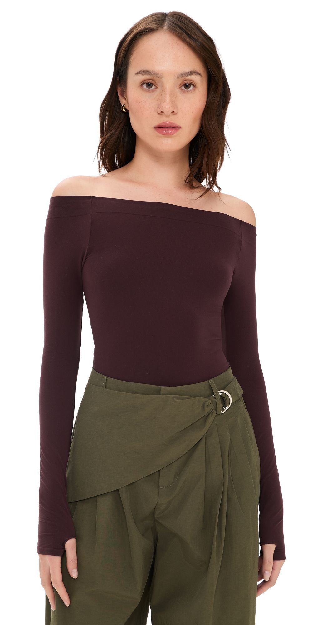 Commando Ballet Off Shoulder Bodysuit with Thumbholes Raisin One Size