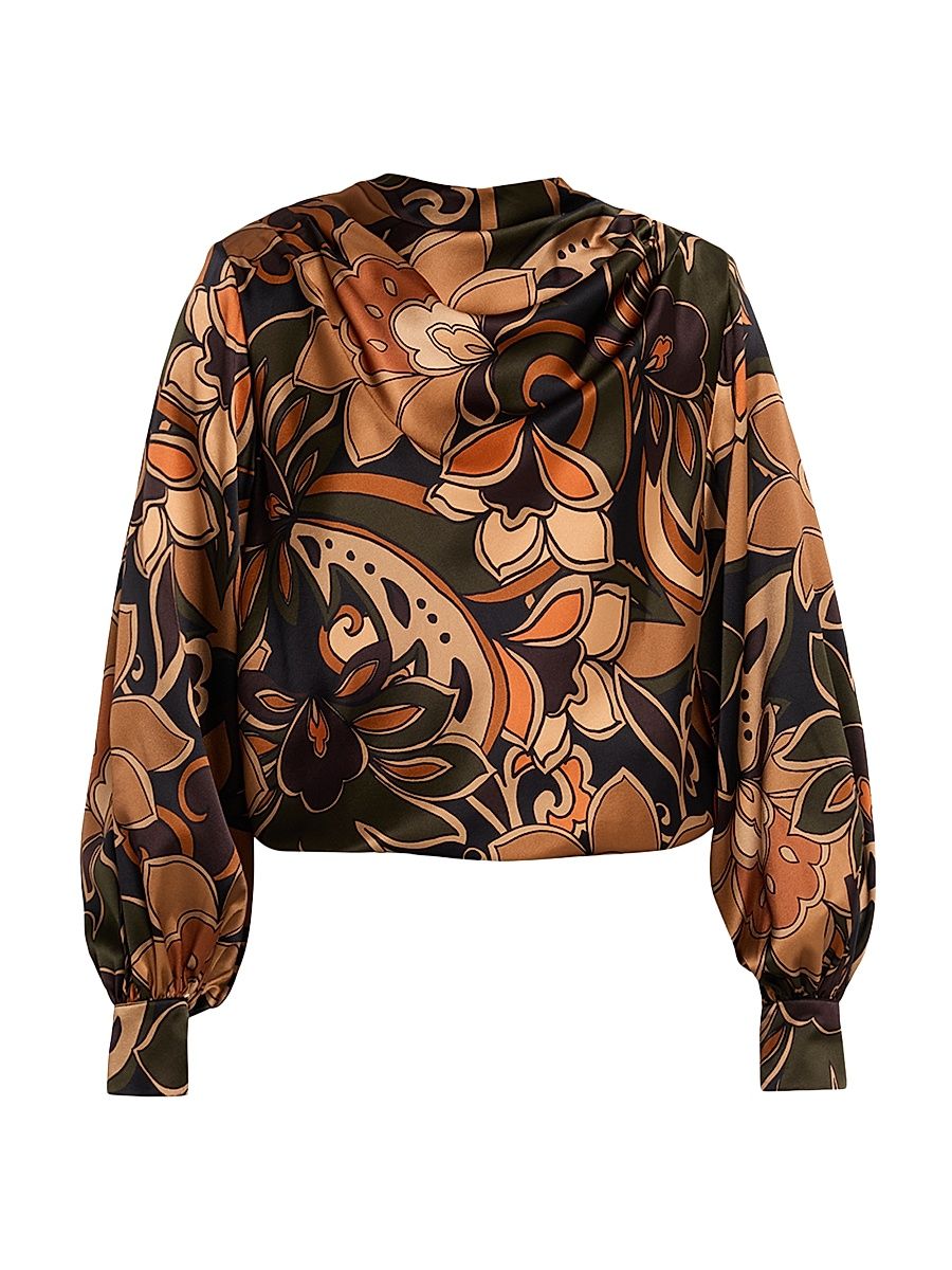 Women's Gail Floral Silk Draped Blouse - Boho Brown - Size Large