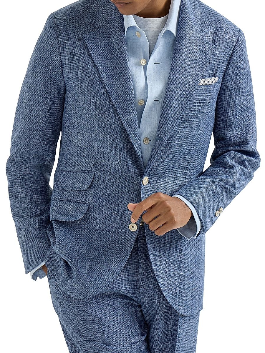 Men's Virgin Wool, Silk and Linen Hopsack Deconstructed Cavallo Blazer - Denim - Size 46