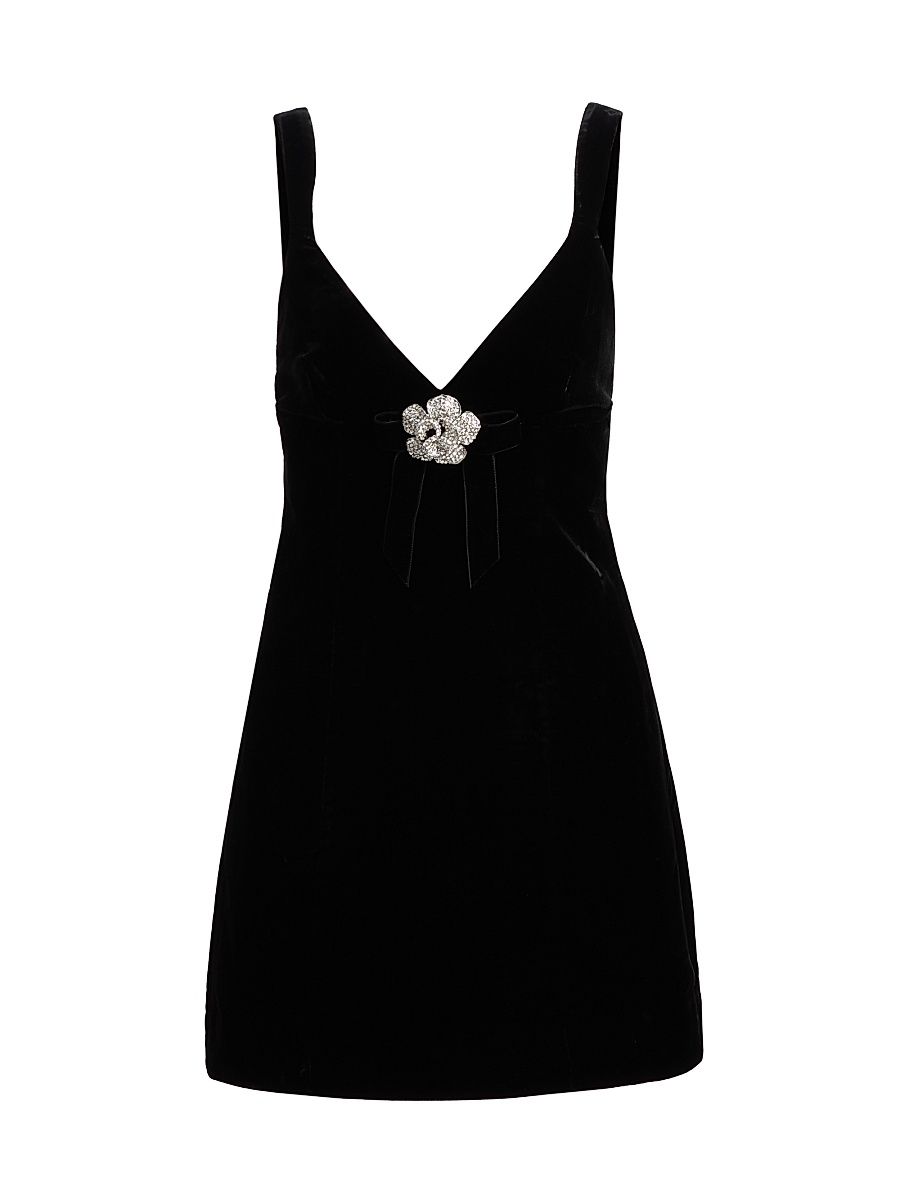 Women's Gracie Crystal-Embellished Bow Velvet Minidress - Black Lux Velvet - Size 2