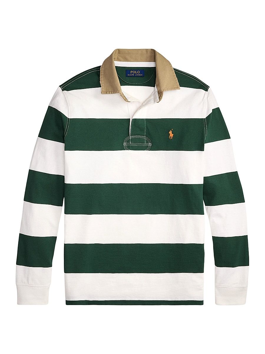 Men's Striped Cotton Rugby Shirt - Grass Green Trophy Cream - Size XXL