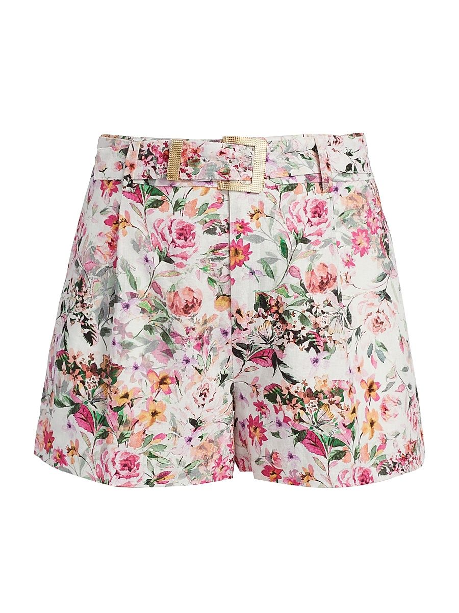 Women's Glenn Floral Linen-Blend Belted Tailored Shorts - Zesty Floral White Pink - Size 10