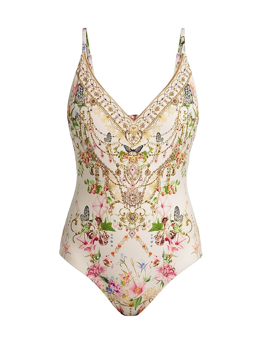 Women's Printed V-Neck One-Piece Swimsuit - Rose Garden Runaways - Size Medium