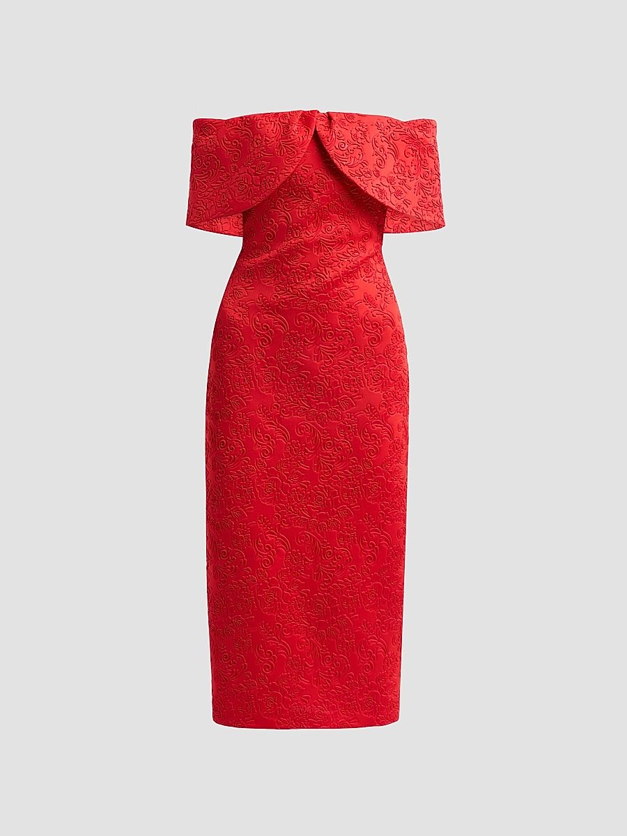 Women's Embossed Scuba Off-the-Shoulder Cocktail Dress - Red - Size 0
