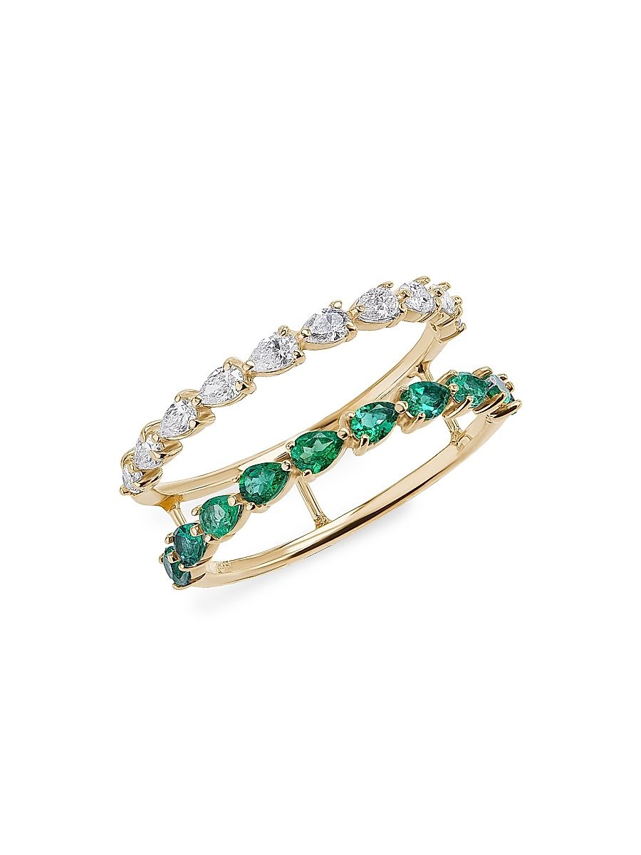 Women's 14K Yellow Gold, 0.05 TCW Diamond & Emerald Double-Band Ring - Yellow Gold - Size 8