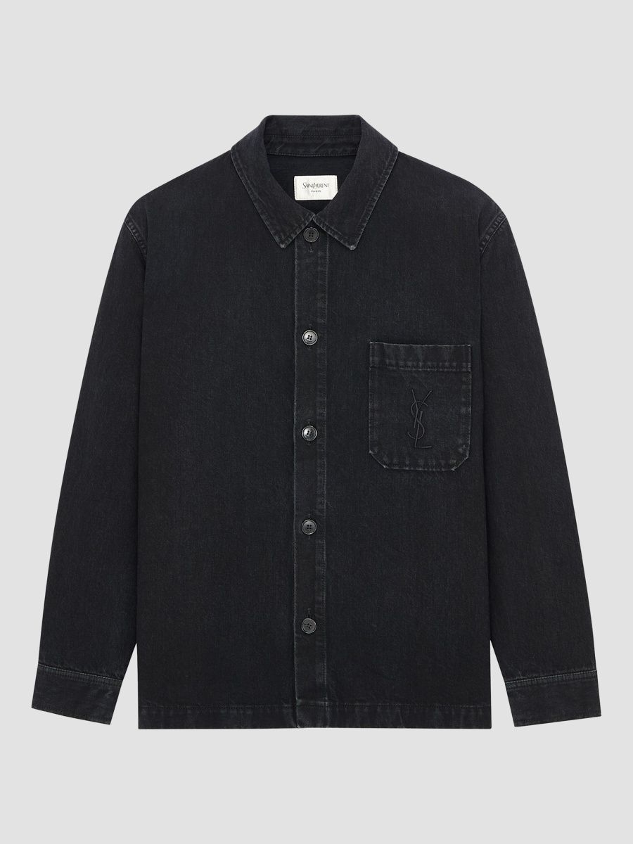 Saint Laurent Men's Cassandre Overshirt in Cotton Linen Gabardine - Black Sand - Size XL