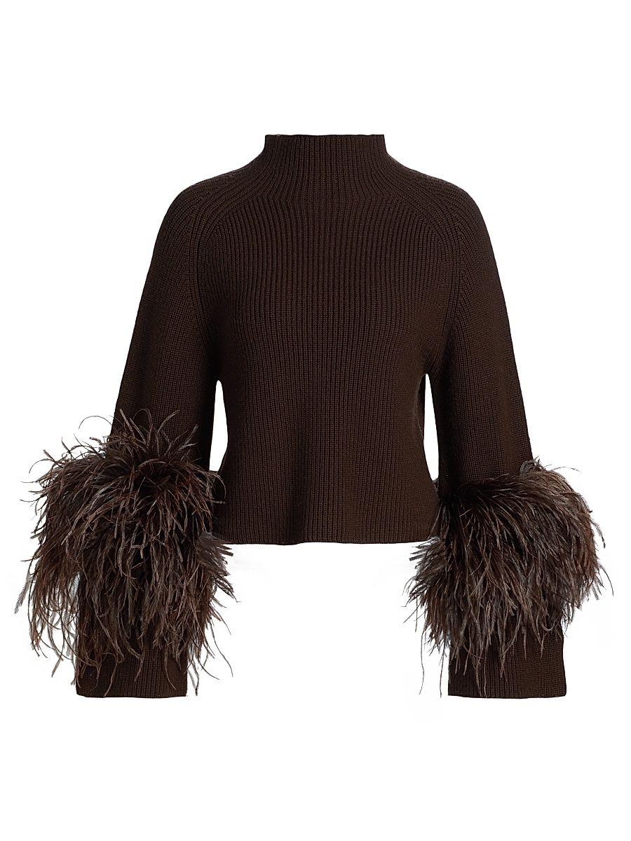 Women's Wool Feather-Cuff Sweater - Dark Brown - Size Medium