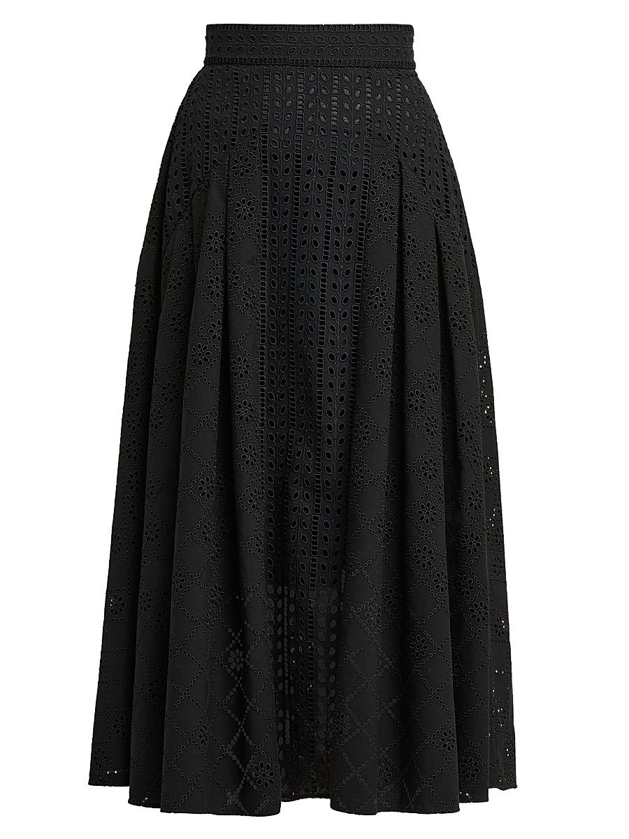 Women's Eyelet Cotton-Blend Midi-Skirt - Black - Size 0