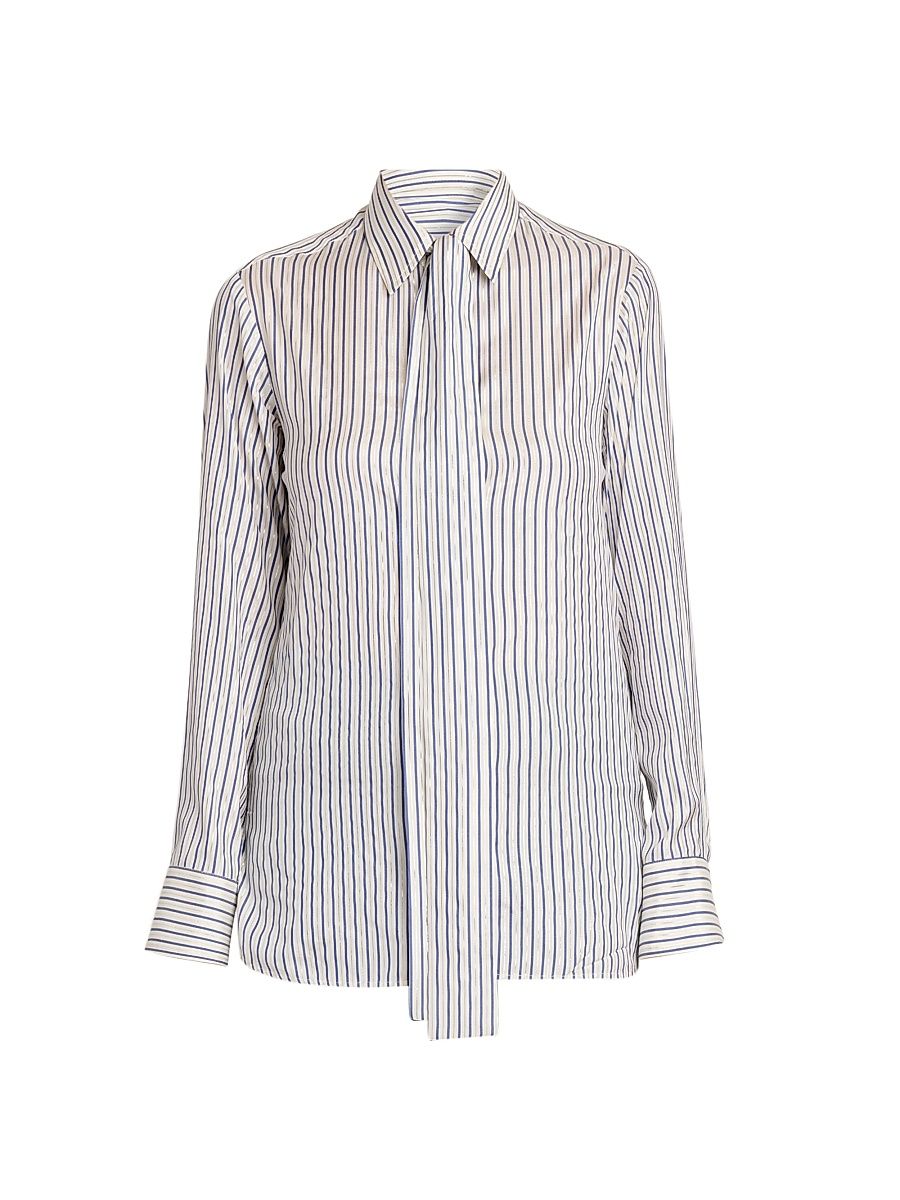 Women's Striped Silk Tieneck Blouse - White Blue - Size 12