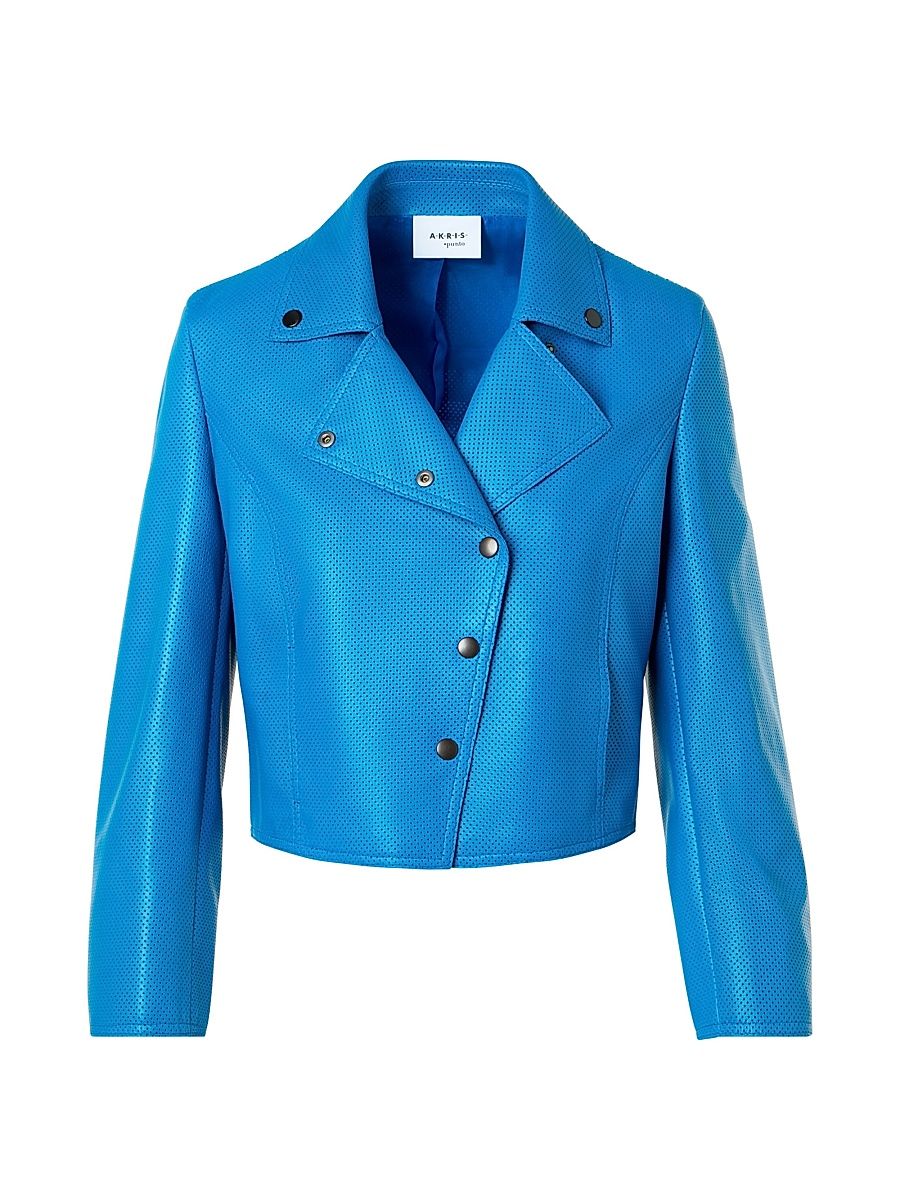 Women's Pin Dot Leather Cropped Motorbike Jacket - Cobalt Blue - Size 16