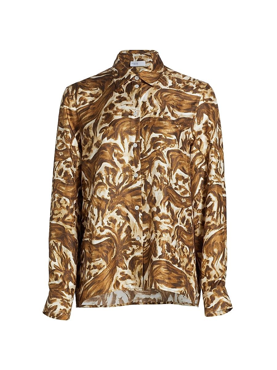 Women's Abstract Horse-Print Silk Long-Sleeve Shirt - Brown - Size Small