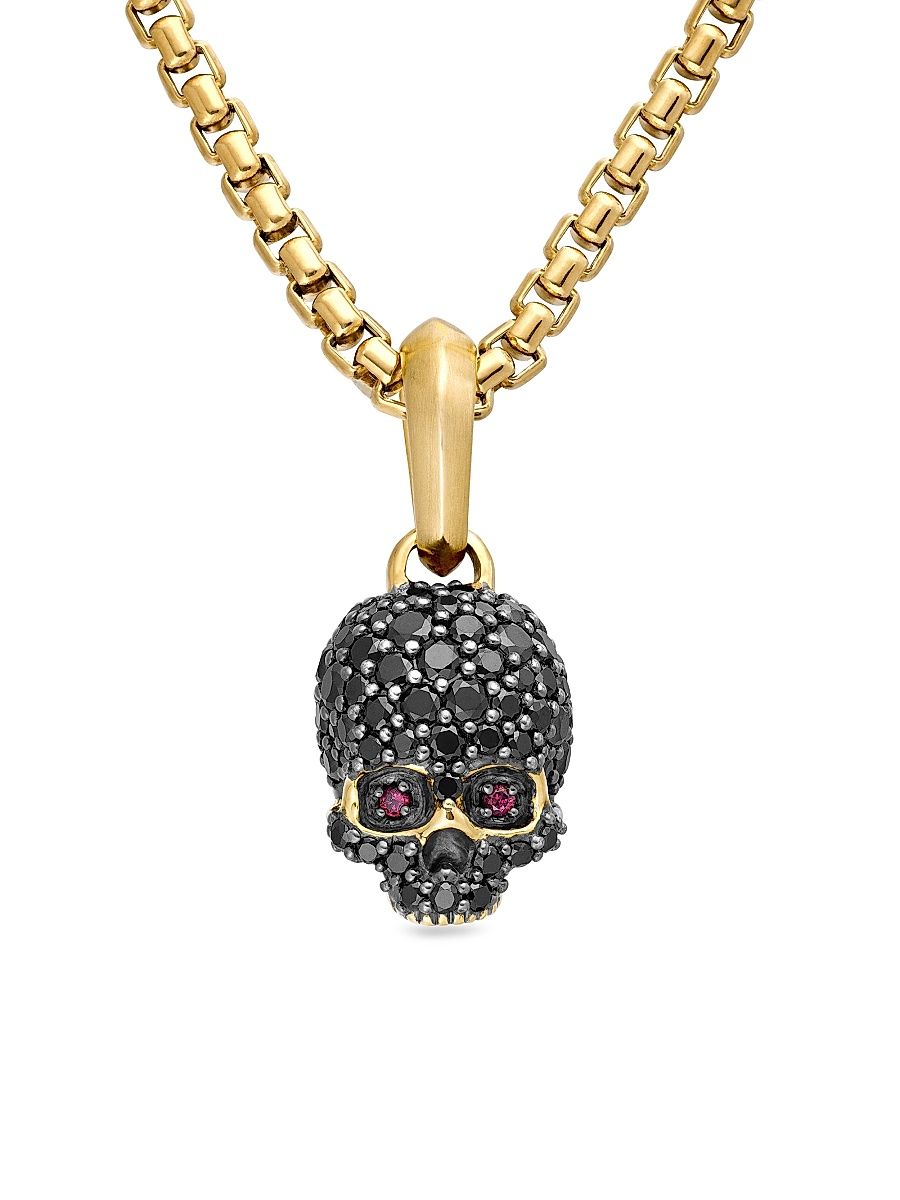 Men's Memento Mori Skull in Full Pavé Black Diamonds, Rubies and 18K Yellow Gold - Black