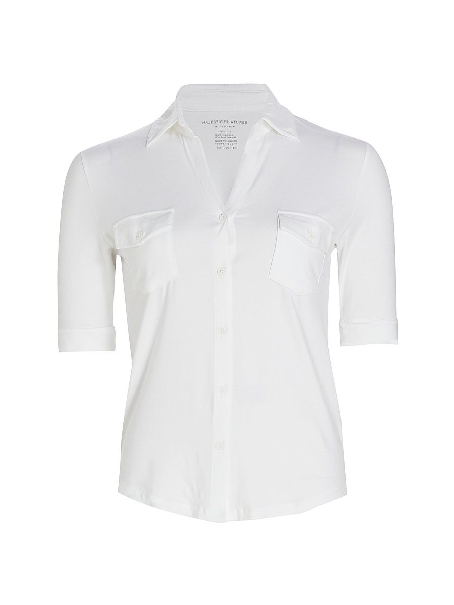 Majestic Filatures Women's Soft Touch Elbow-Sleeve Pocket Shirt - Blanc - Size XS
