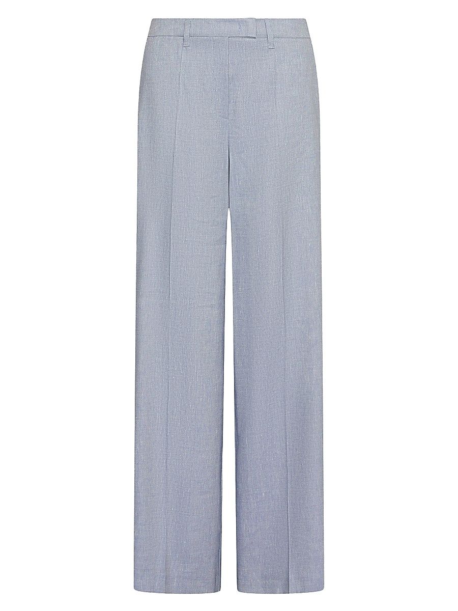 Women's Herringbone Linen and Viscose Palazzo Trousers - Light Blue - Size 12