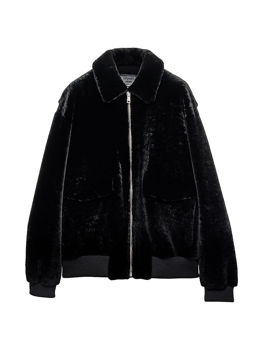 Men's Shearling Bomber Jacket - Black - Size 38