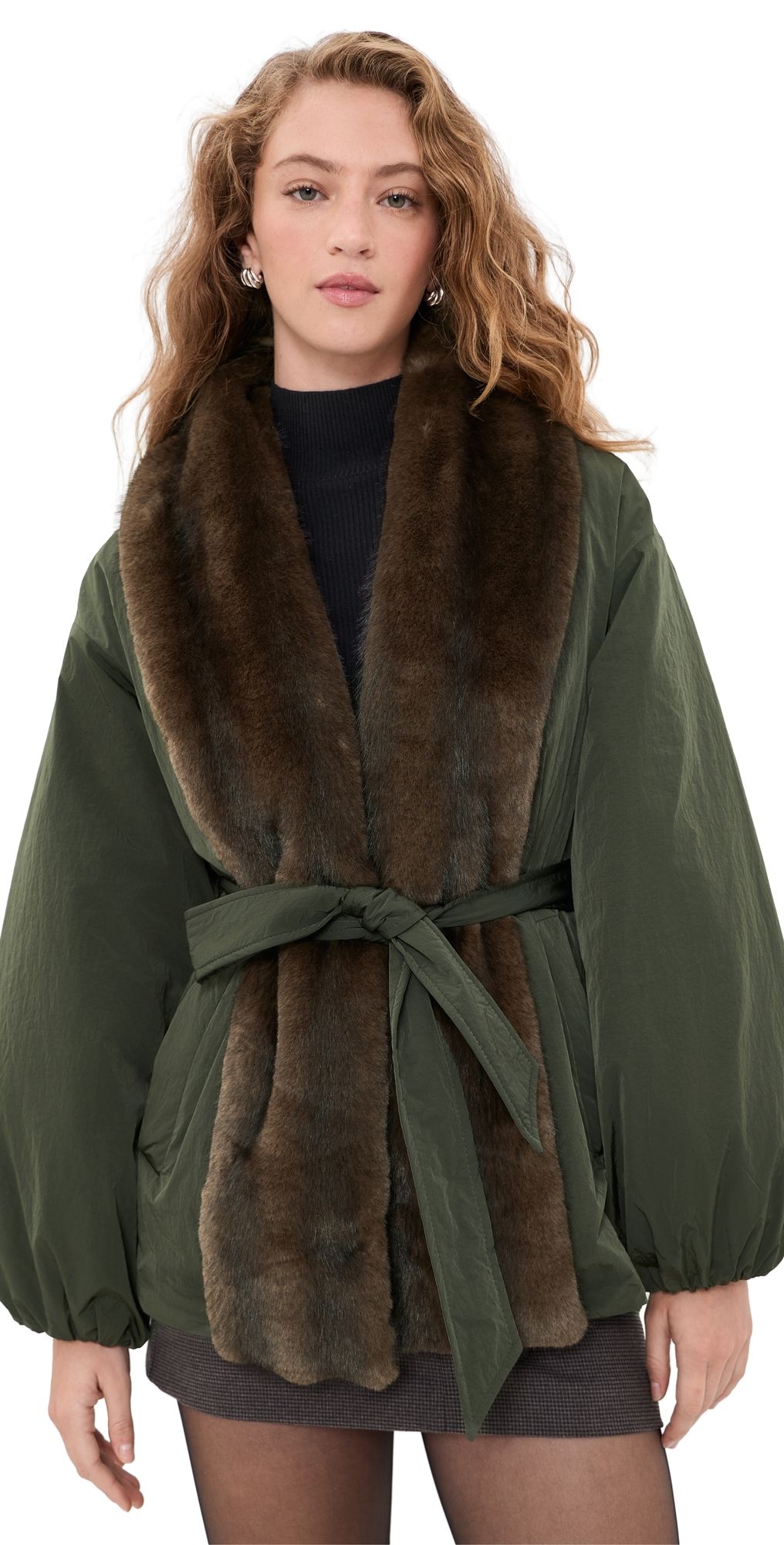 Avec Les Filles Balloon Belted Puffer Jacket Dark Forest/Mink XS