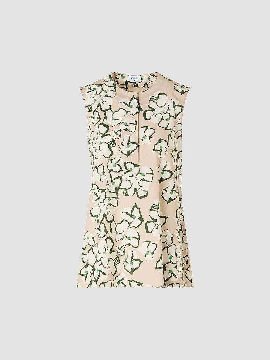 Women's Papercut Flower Print Cotton Tunic Top - Beige Cream Olive - Size 16
