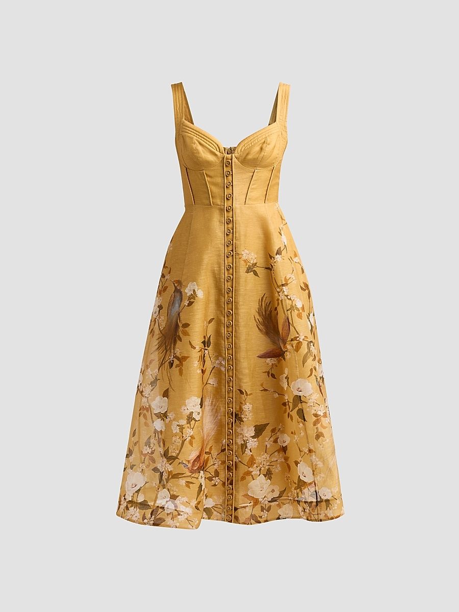 Zimmermann Women's Momentum Printed Linen Corded Midi Dress - Gold Bird Floral - Size 8
