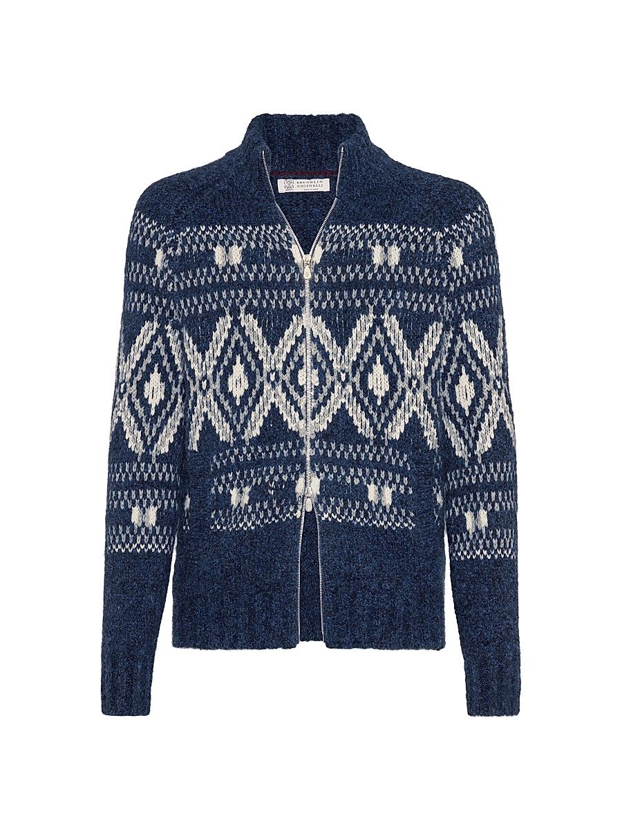 Men's Geometric Jacquard Cardigan with Zipper - Navy Blue - Size 42