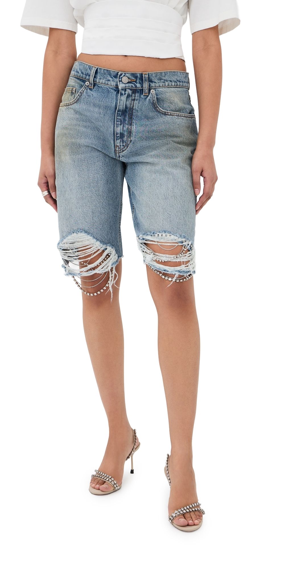 AREA Crystal Fray Jean Shorts Medium Blue 29
