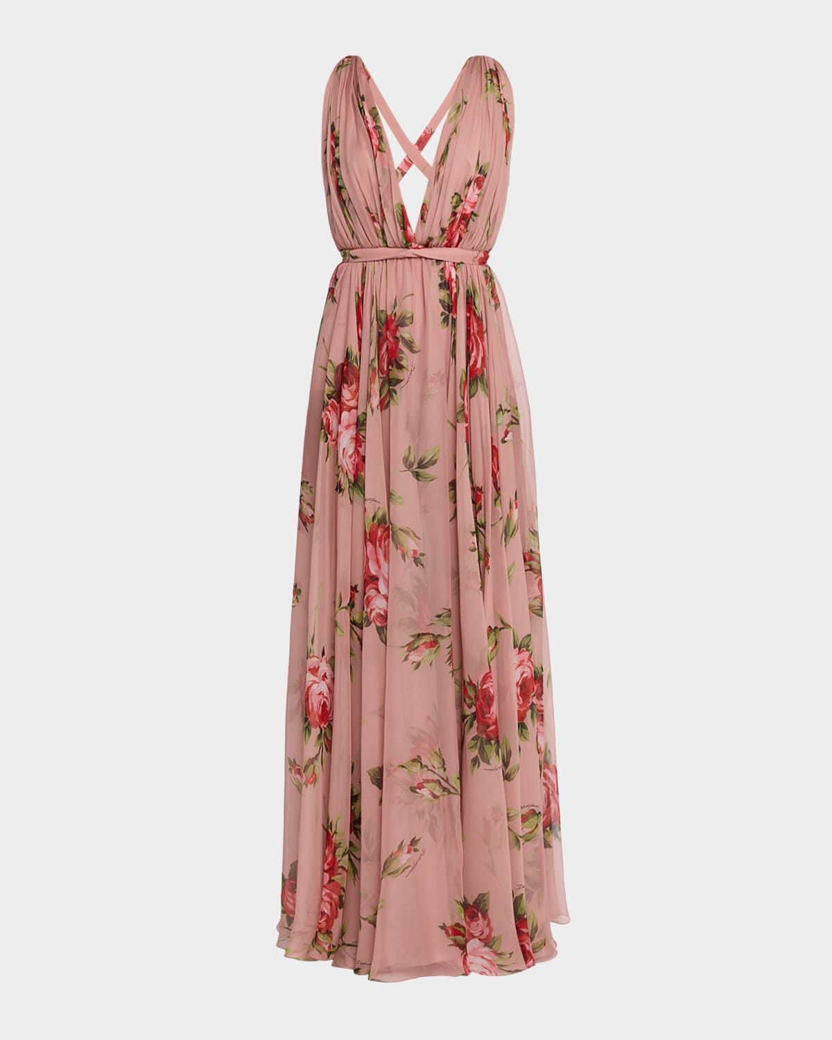 Rose Bouquet-Print Chiffon Dress