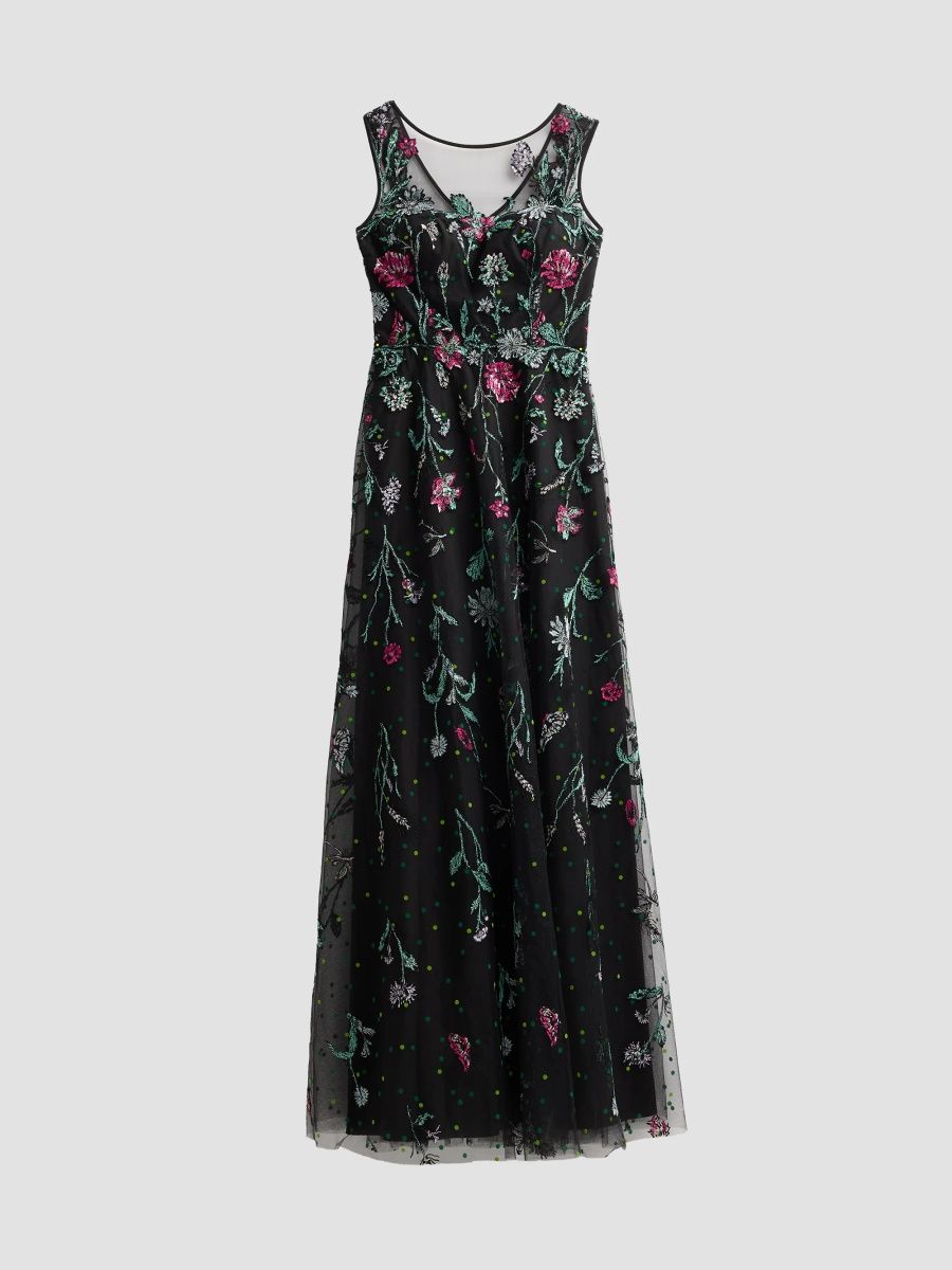 Teri Jon by Rickie Freeman Women's Floral Embroidered Tulle Gown - Black Multi - Size 4