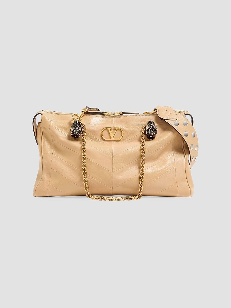 Women's Panthea Shoulder Bag in Nappa Leather with Chevron Pattern - Gold Beige